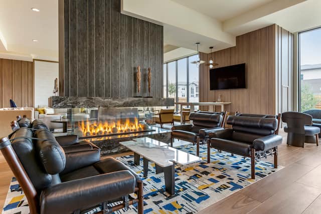 Lobby seating area with fireplace