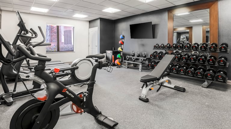 Fitness Center with Weights Treadmills and Recumbent Bike