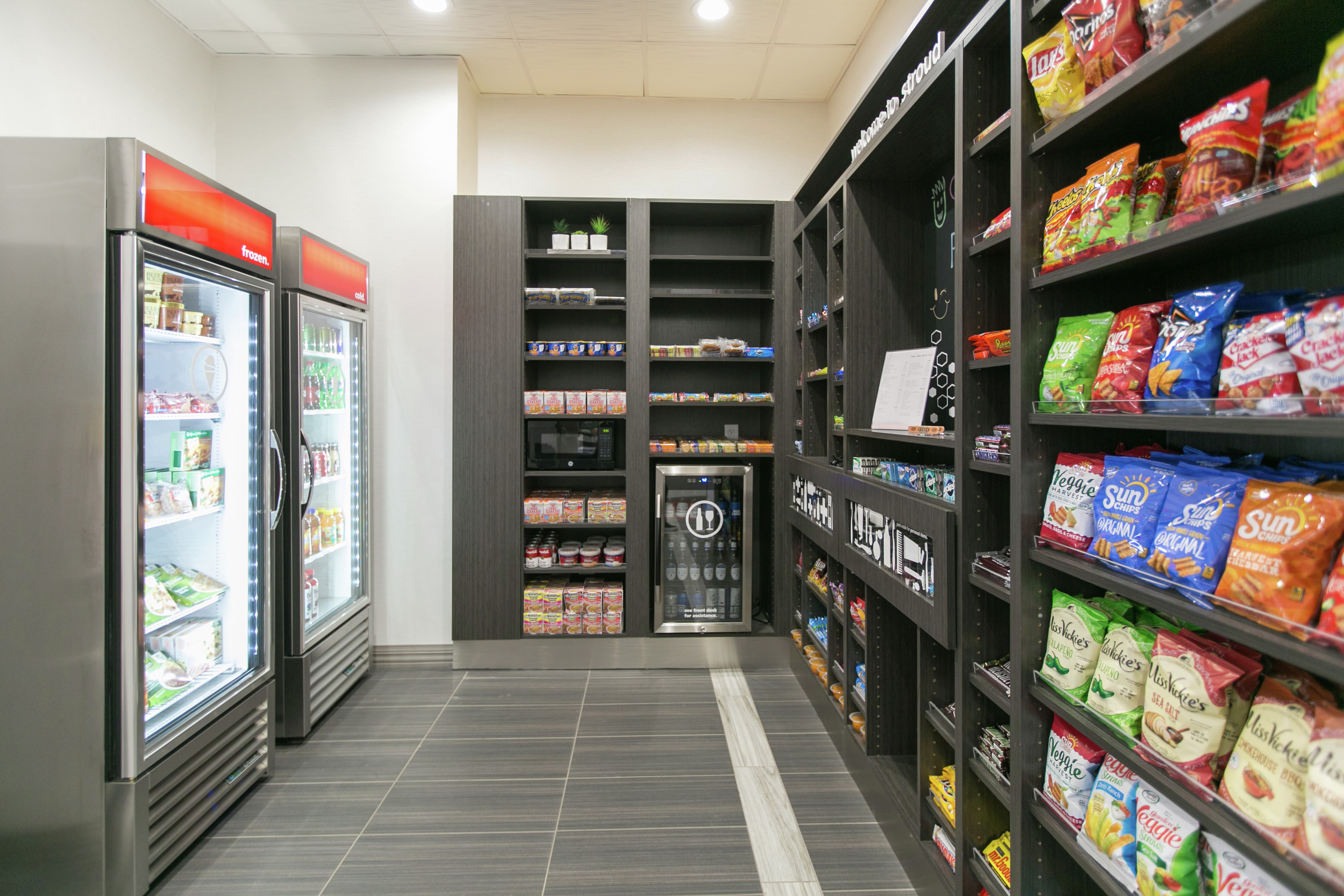 Suite shop with fridge and food options