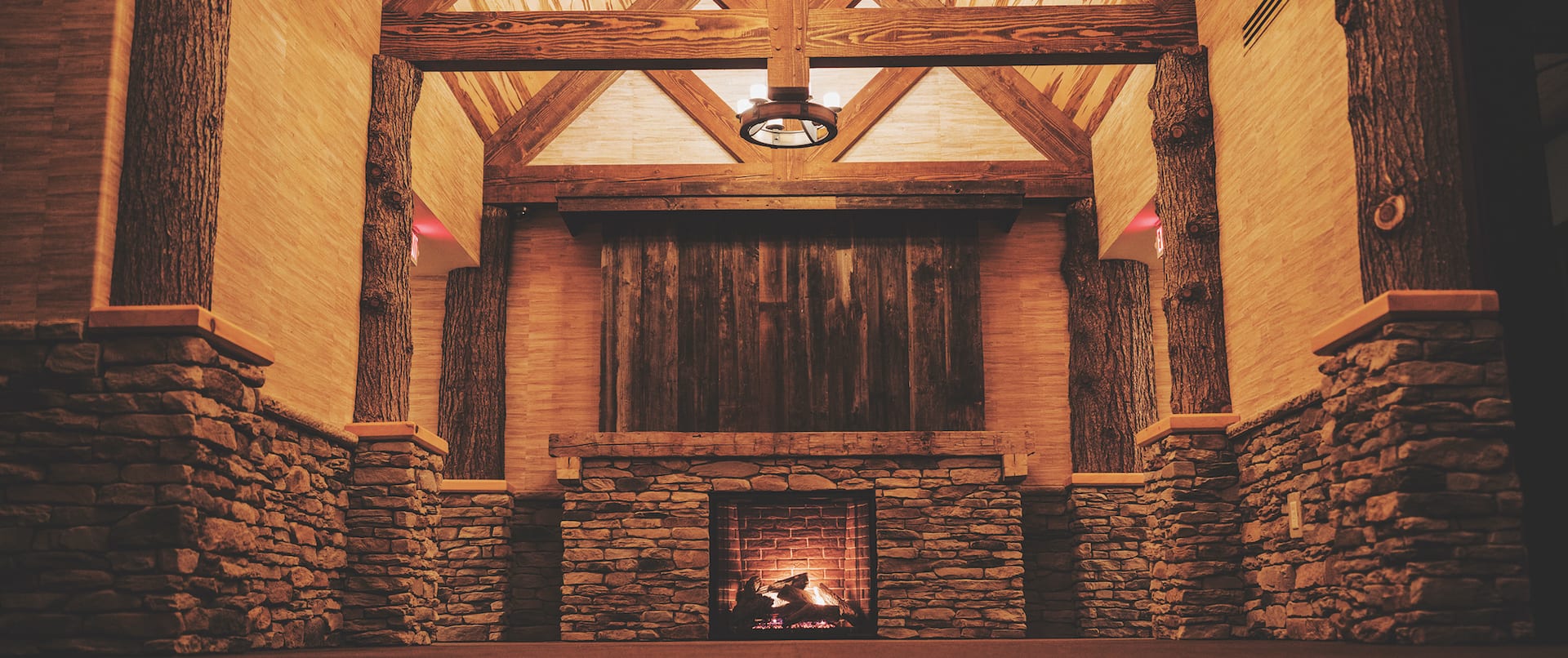 Long Shot of the Barn Lobby with Fireplace