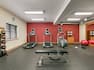 Spacious fitness center fully equipped with cardio machines, free weights, medicine balls, workout mats, and full length mirror.