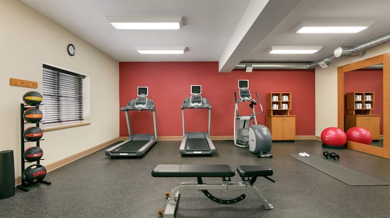 Spacious fitness center fully equipped with cardio machines, free weights, medicine balls, workout mats, and full length mirror.