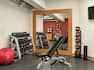 Fitness center fully equipped with free weights, medicine balls, workout bench, TV, and full length mirror.