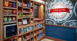Treats shop with snacks, beverages, and frozen food selections