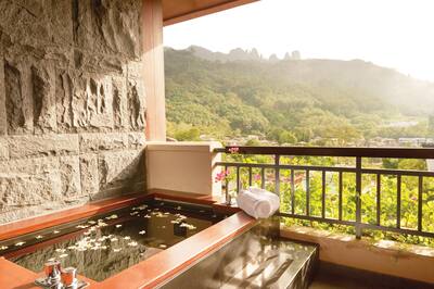 Outdoor spa bath with flower petals, on a balcony overlooking lush mountain landscape