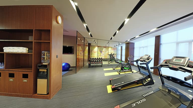 Fitness Center with Treadmills, Dumbbells, and Wood Cabinets