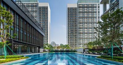 Outdoor pool with view of buildings