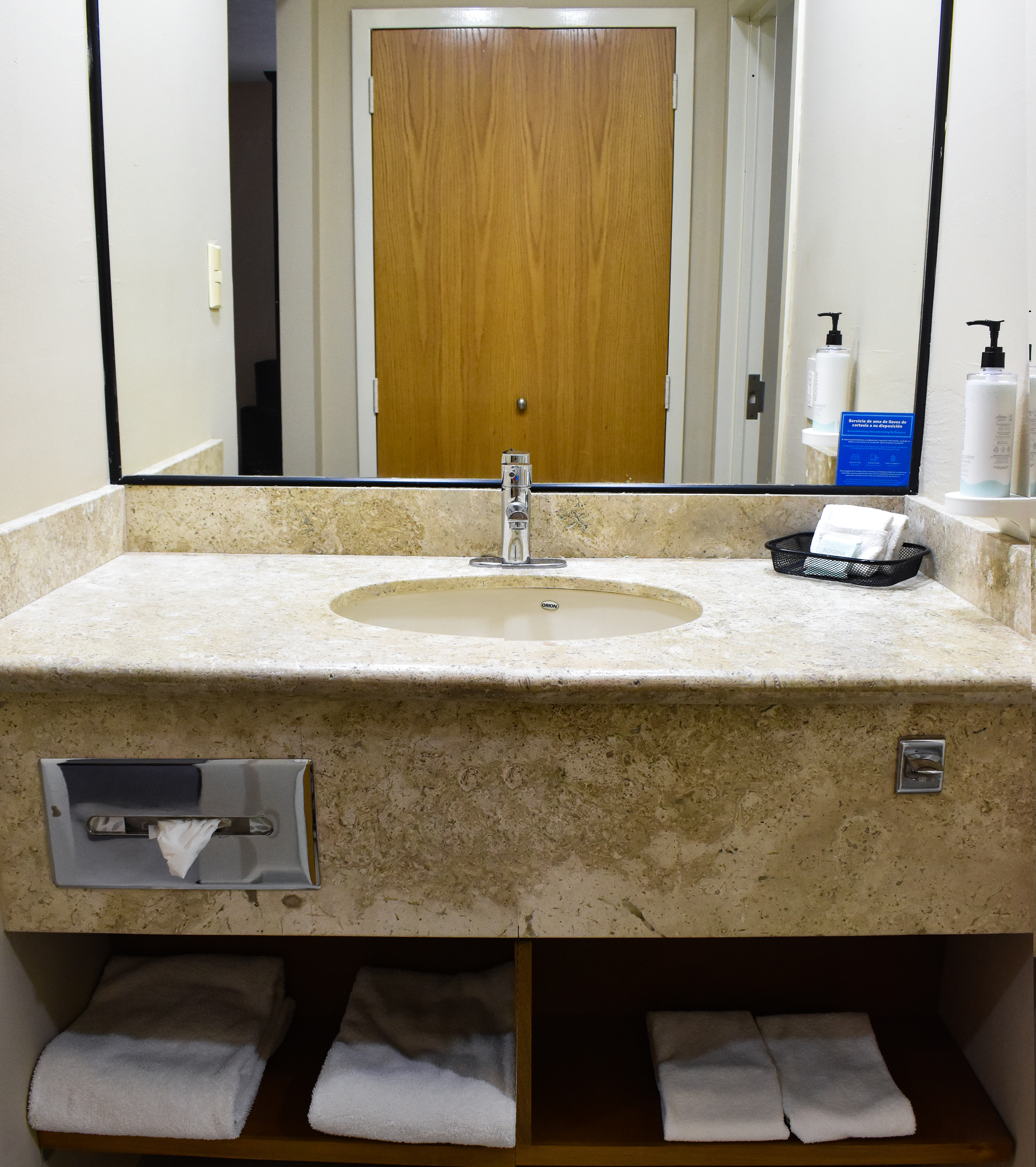 Bathroom Vanity Area with Amenities and a Large Mirror