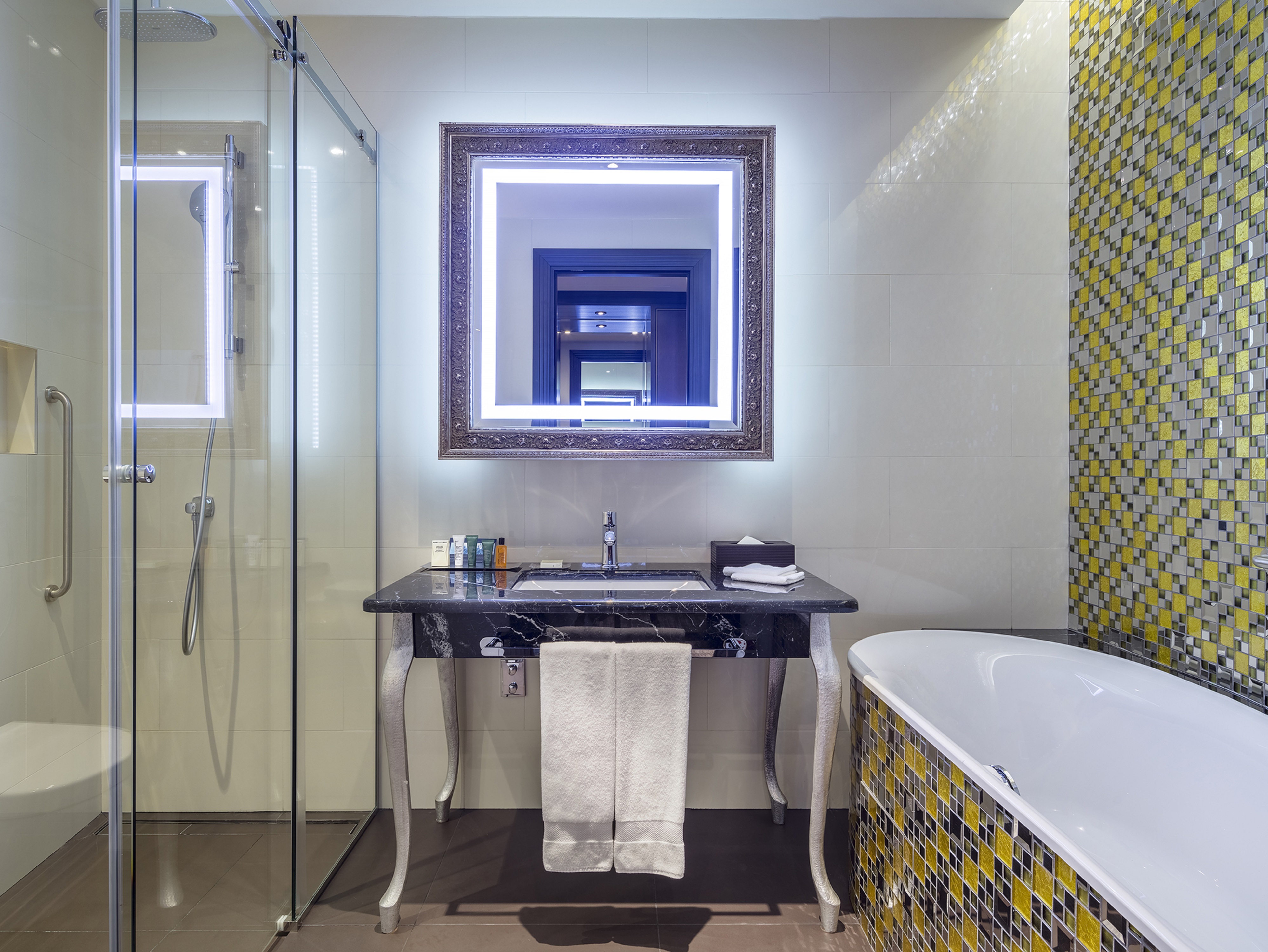 Guest Bathroom Mirror, Sink, Tub and Walk-In Shower