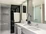 guest room bathroom, vanity, mirror, shower