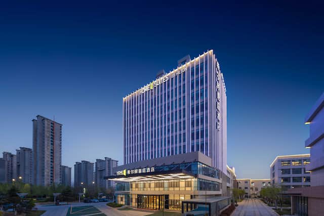 Exterior of hotel building at night