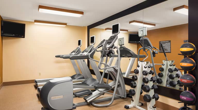 Fitness Center With TV. Cardio Equipment by Mirrored Wall, Free Weights, and Weight Balls