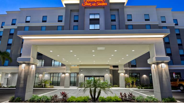 exterior front of hotel at dusk