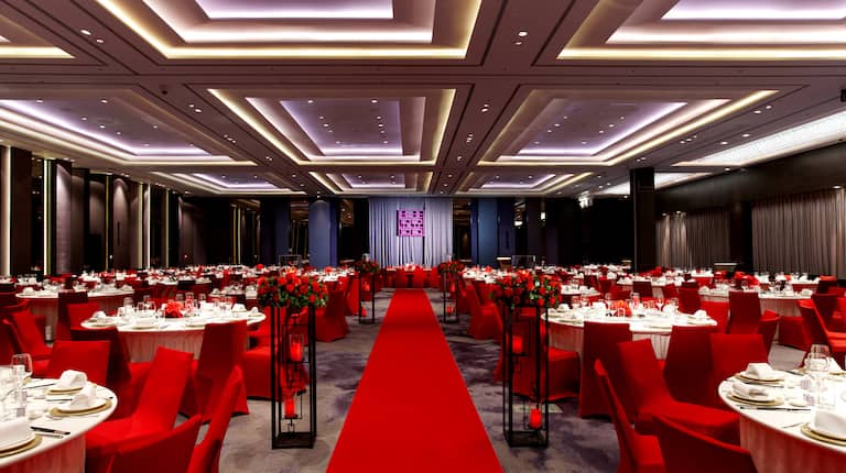 Wedding Banquet Hall with round tables and chairs
