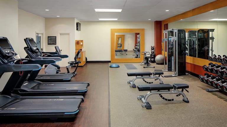 Maintain your fitness routine in our fitness center featuring deluxe equipment. You will enjoy free weights, workout balls, treadmills, elliptical and stationary bikes. Located on the 2nd floor and complimentary to all hotel guests.