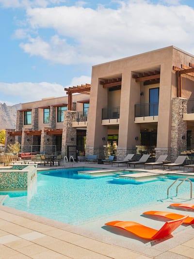 Outdoor pool with loungers