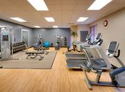 Fitness center with cardio machines and free weights.
