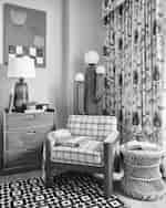  Pokoj se židlí, kaktusem, kobercem a malým šatníkem s lampou 