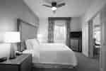 Poolside Suite With King Bed, Lamps on Bedside Tables, Ceiling Fan, Window With Open Drapes, TV in Corner, and Open Doorway to Living Area