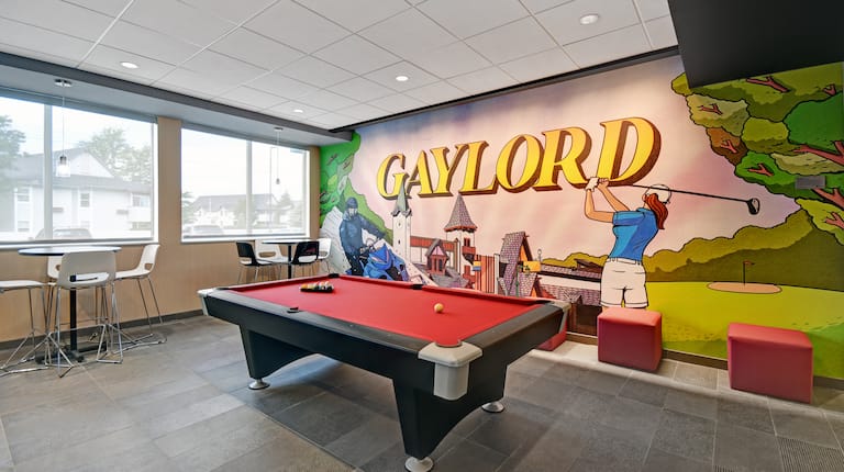 lobby gaming area with pool table and mural