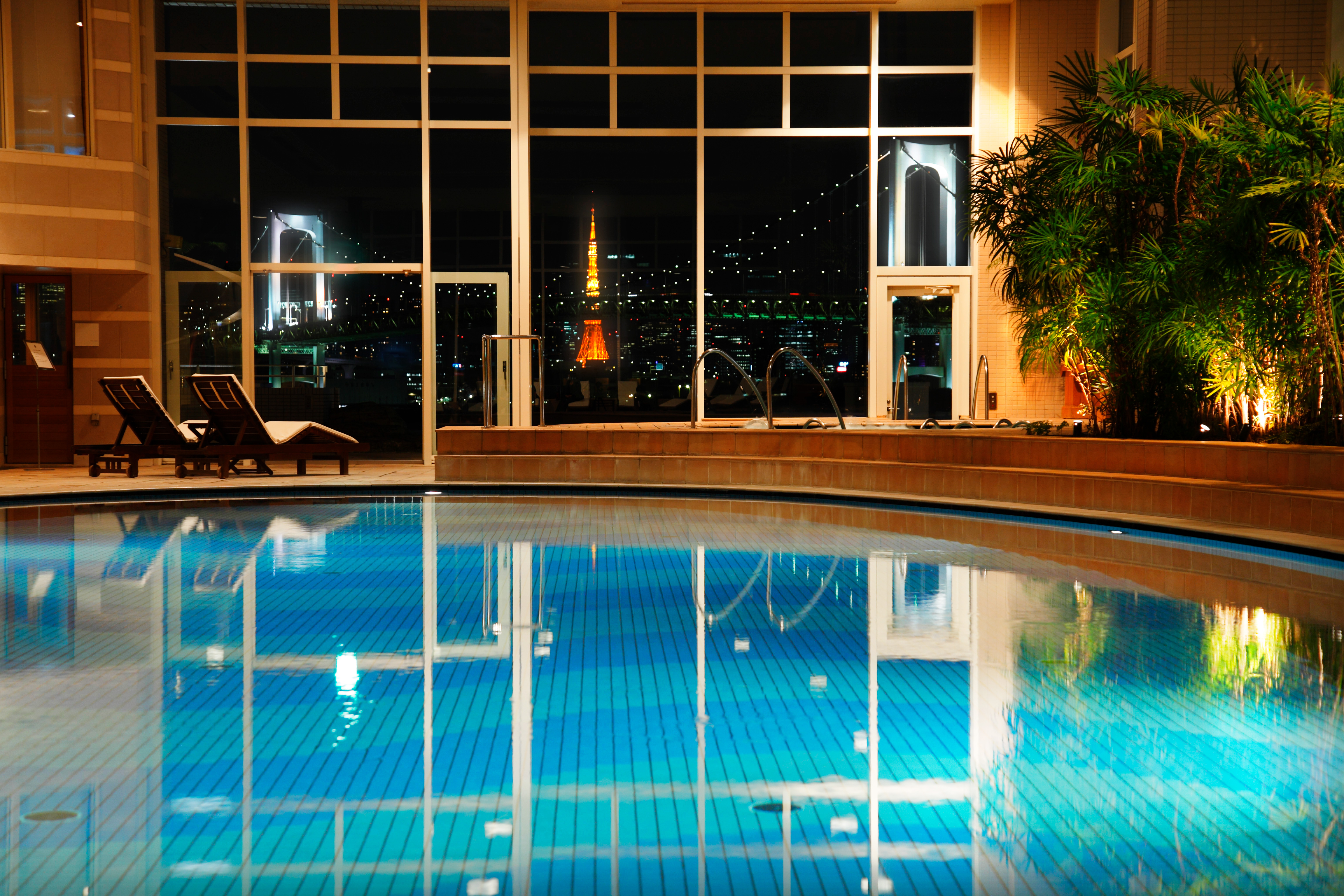 Indoor Swimming Pool With Night Time View