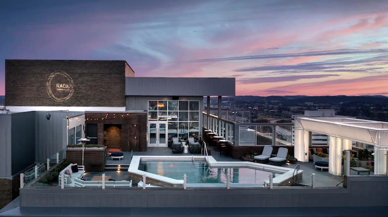 Aerial View of Radius Rooftop Lounge with Pool Area