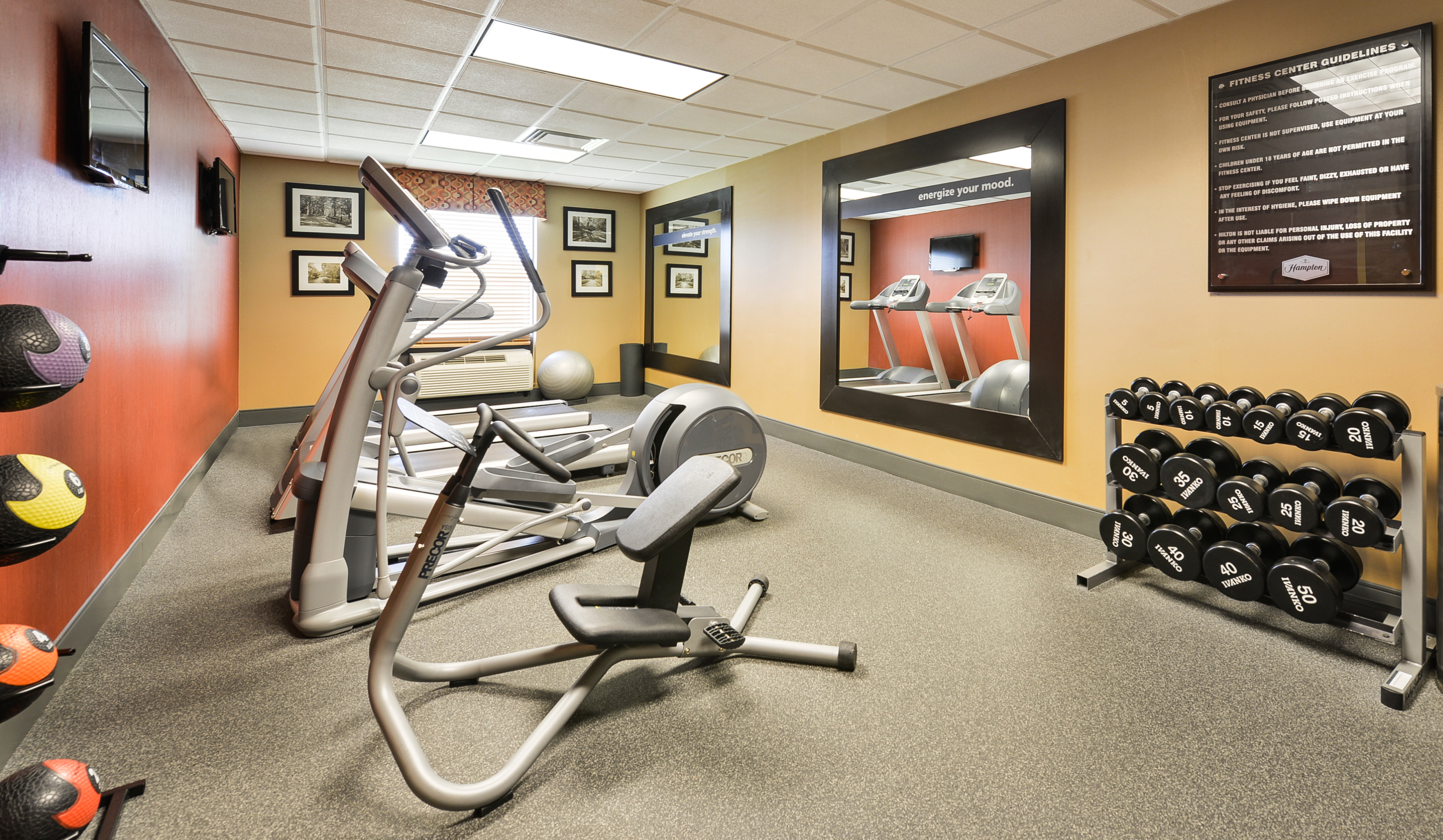 Fitness Center With Weight Balls, Cardio Equipment, TVs, Wall Art, Window, Two Wall Mirrors, and Free Weights