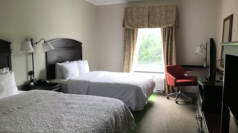 Guest room with two beds, TV, work desk and chair.