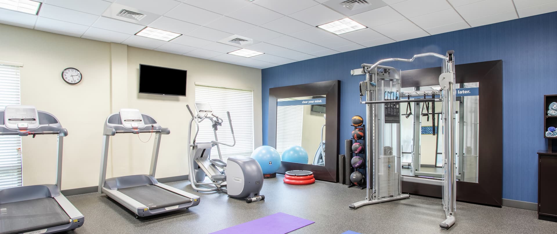 Fitness Center with Treadmills Recumbent Bike and Exercise Balls