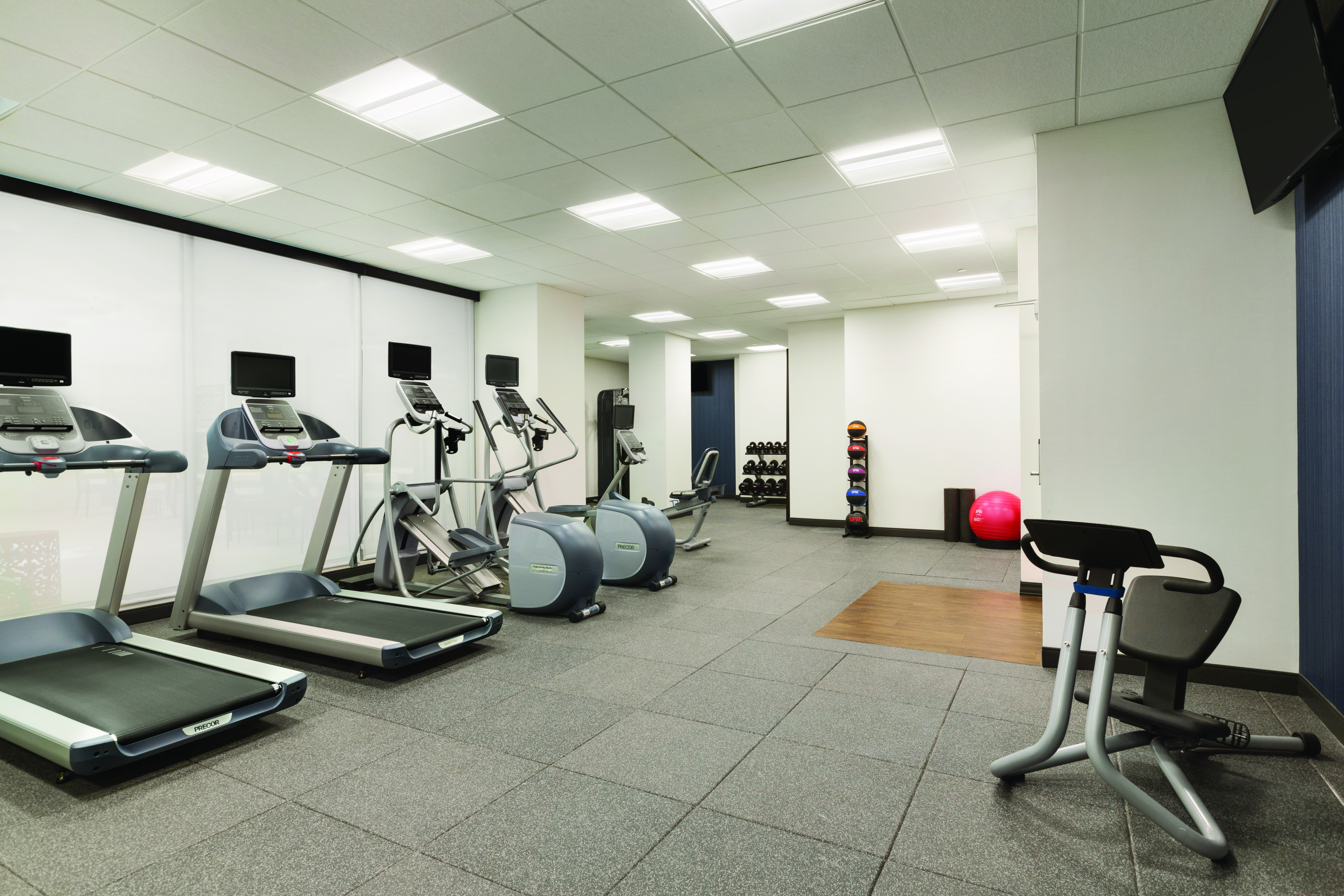 Fitness Center With Cardio Equipment, Free Weights, Weight Balls, Exercise Ball, and TVFitness Center with Ellipticals, Treadmills and Other Equipment