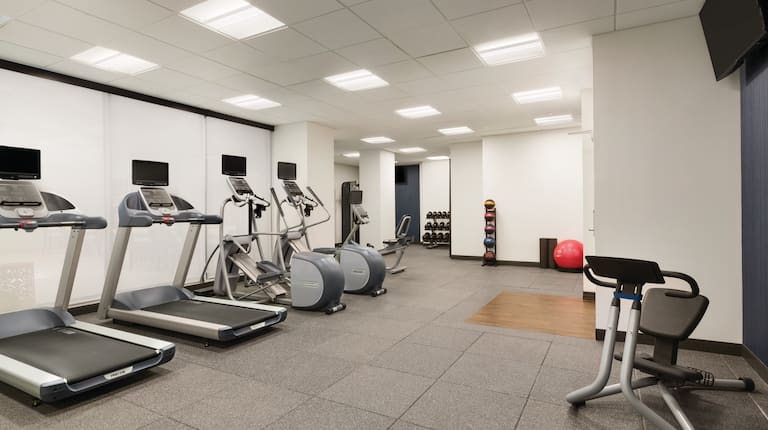 Fitness Center With Cardio Equipment, Free Weights, Weight Balls, Exercise Ball, and TVFitness Center with Ellipticals, Treadmills and Other Equipment