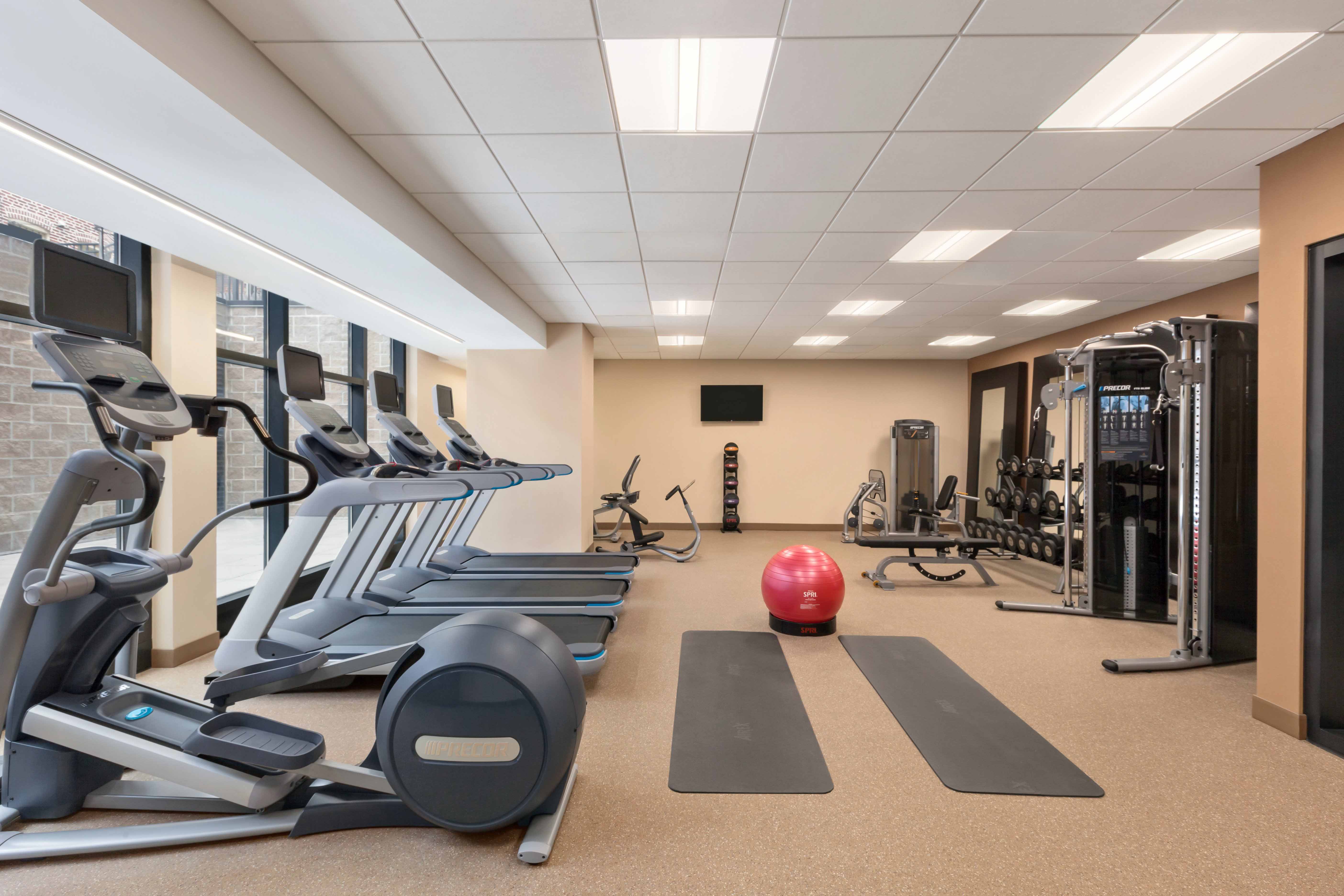 Cardio Equipment By Windows, Red Exercise Ball, TV, Weight Balls, Free Weights, and Weight Bench in Fitness Center