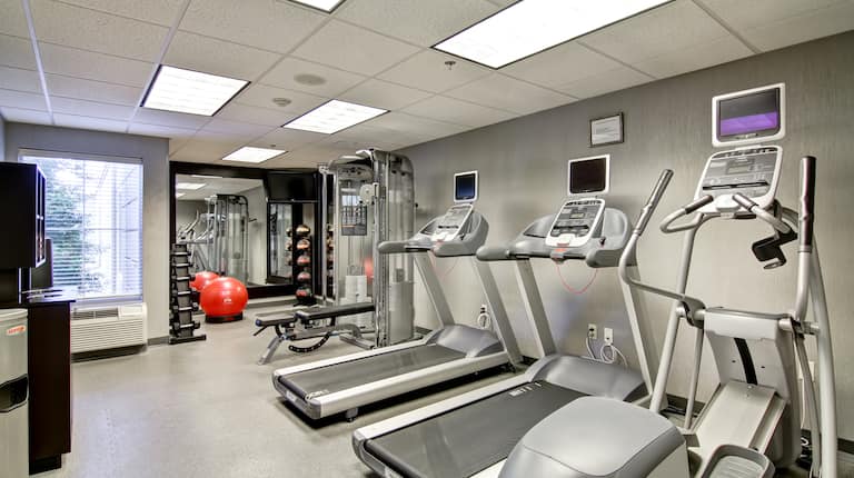 Fitness Center With Free Weights, Red  Exercise Ball, Mirrored Wall, Weight Balls, Bench, and Cardio Equipment