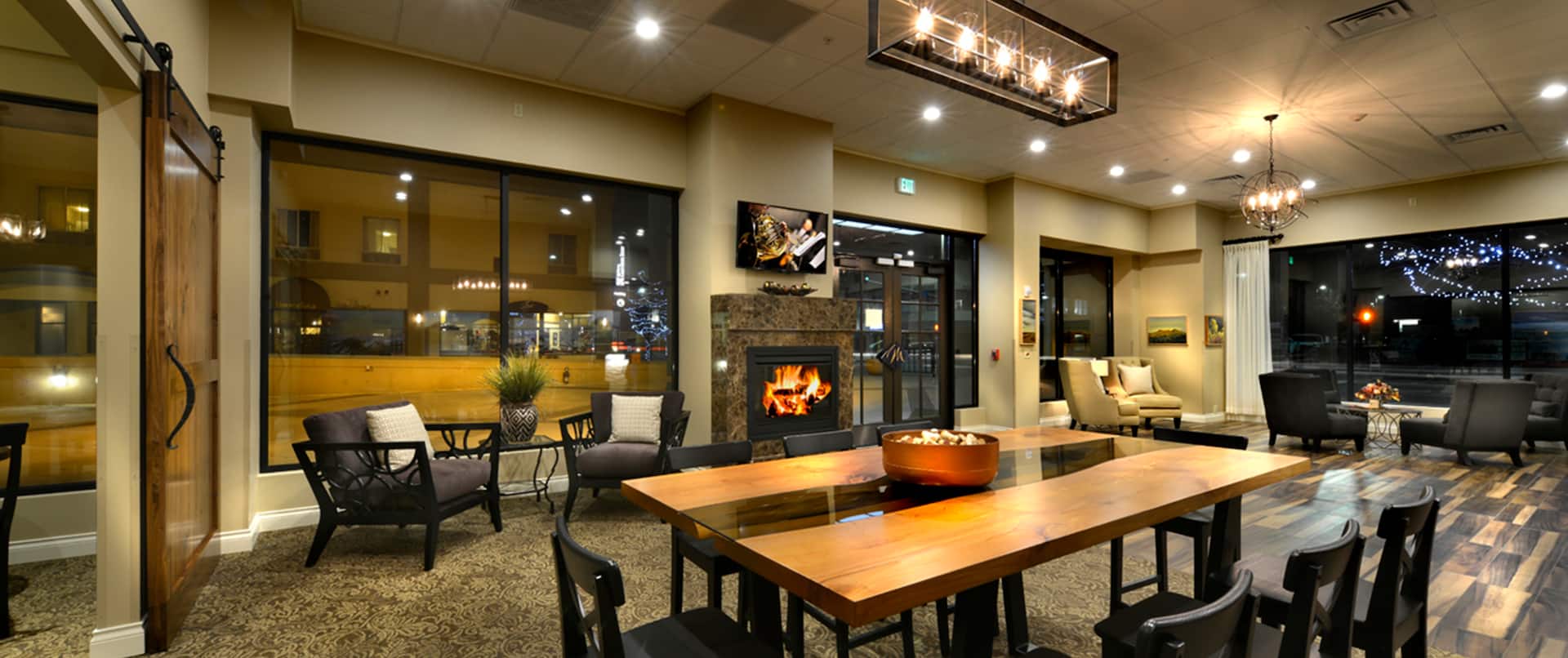 Lobby with fireplace and seating
