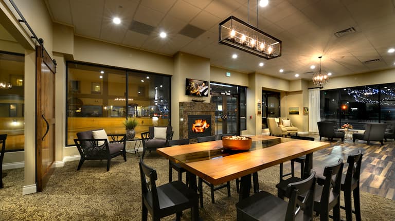 Lobby with fireplace and seating