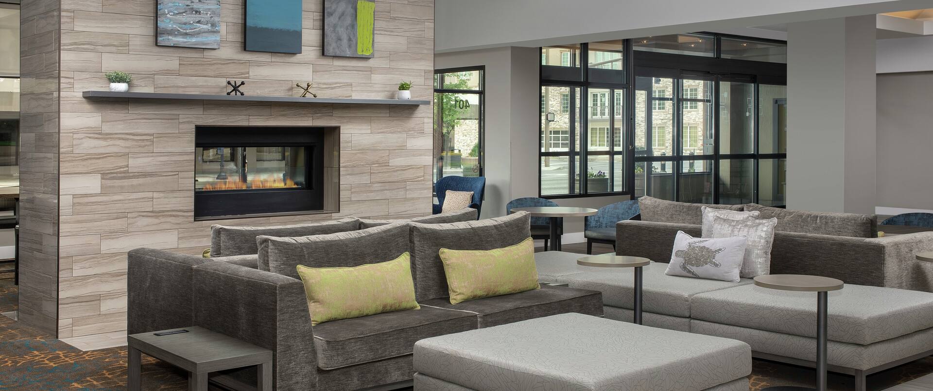 Lobby Seating Area with Soft Seating, Footrest and Fireplace