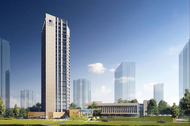 Exterior rendering of hotel and surrounding buildings
