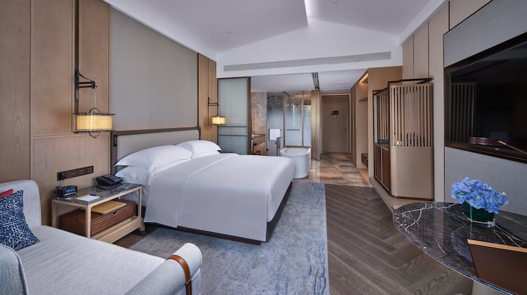 King bedroom with wall mounted TV