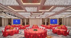 Ballroom with red banquet tables setup