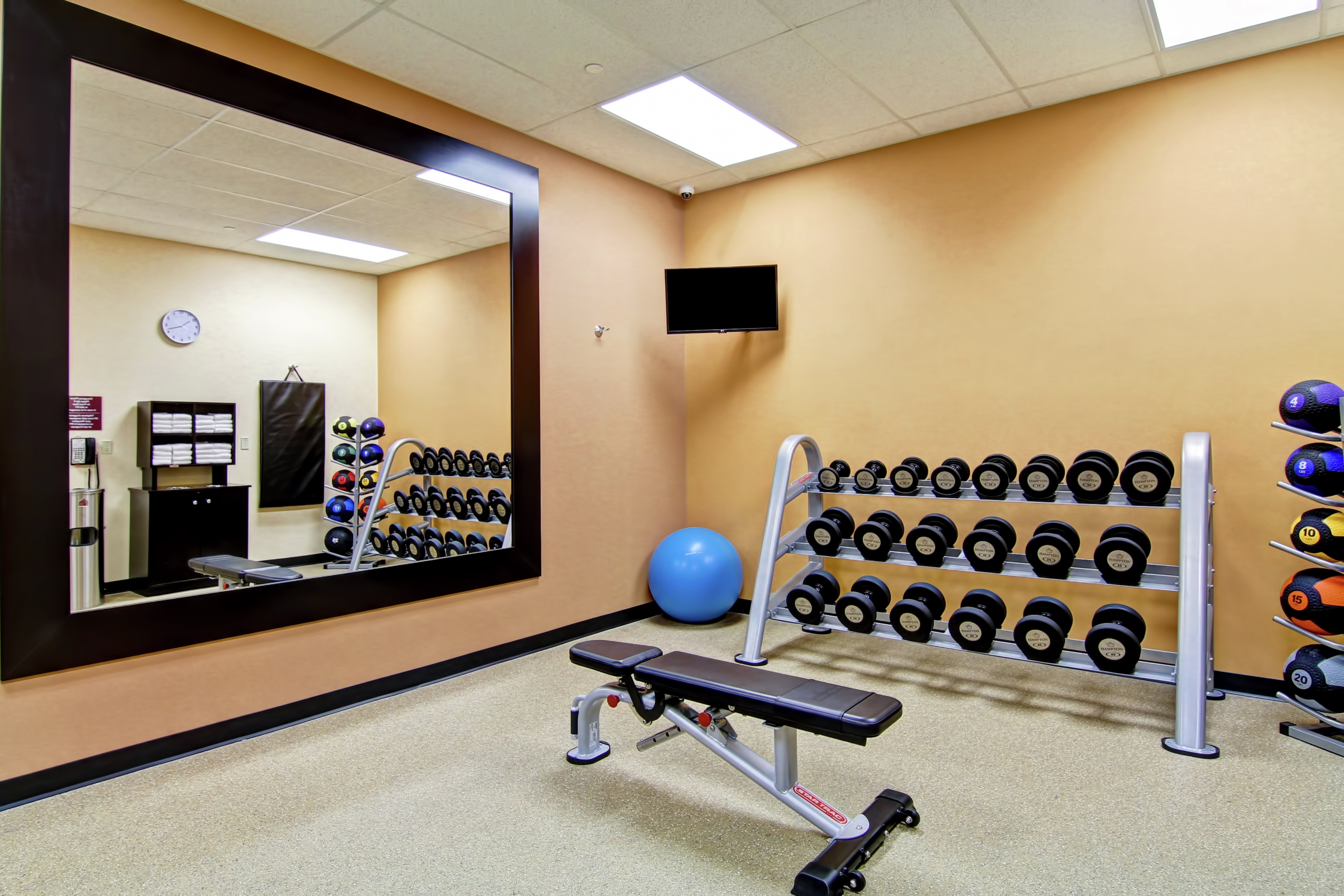 Lower Level Fitness Room With Water Cooler and Towel Station Reflected in Large Wall Mirror, TV, Weight Bench, Blue Stability Ball, Free Weights, and Weight Balls