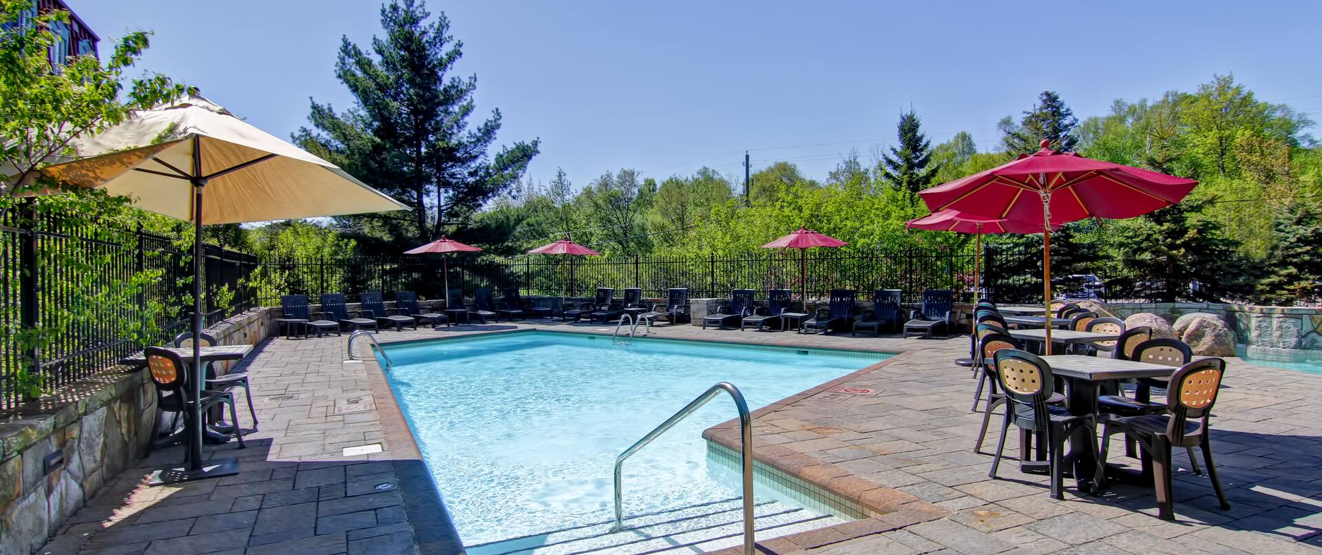 Chairs, Loungers, Tables With Sun Umbrellas by Outdoor Pool Surrounded by Trees