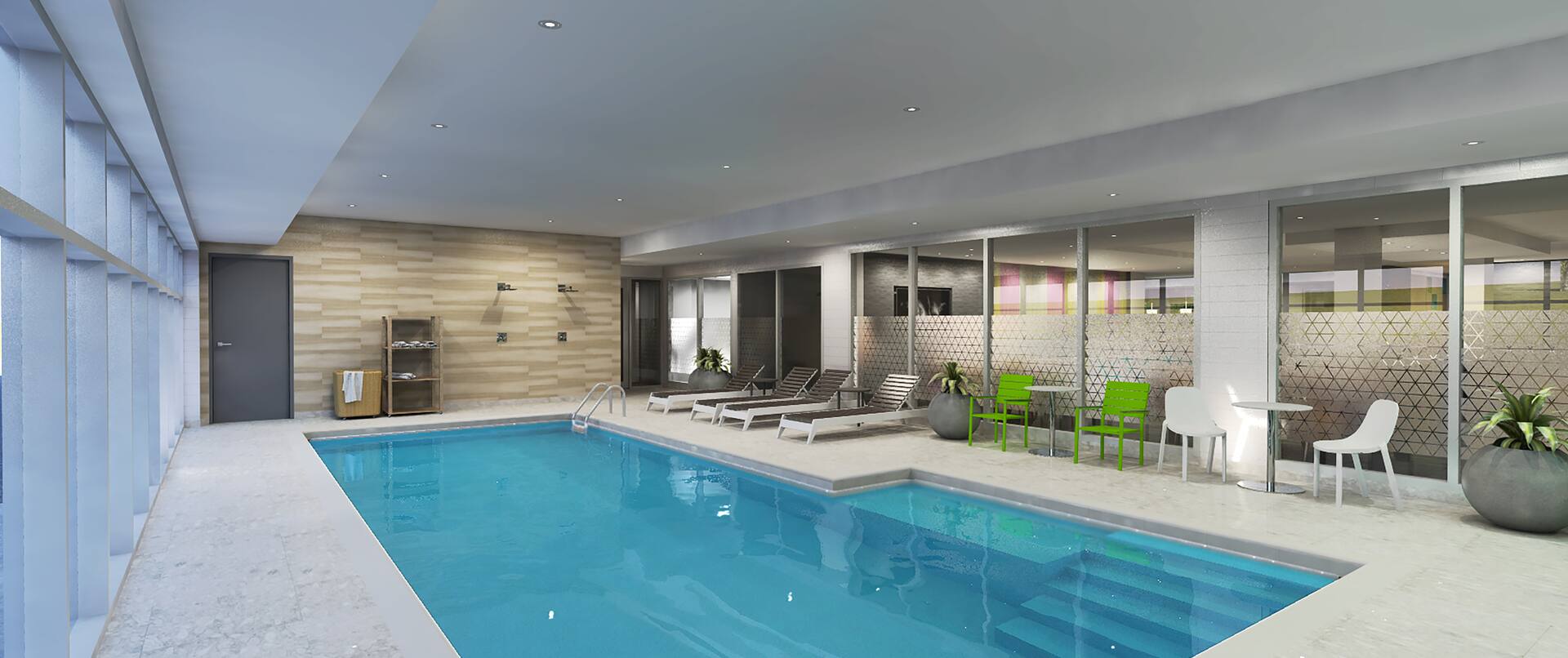 Indoor pool area with seating