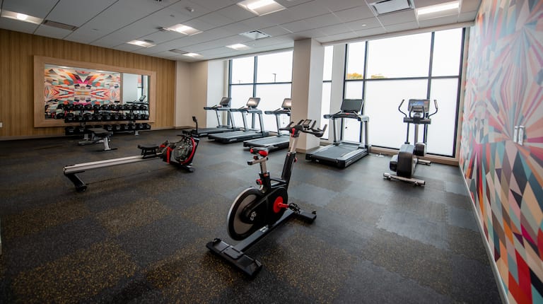 Fitness Center with Weights Exercise Bikes and Treadmills
