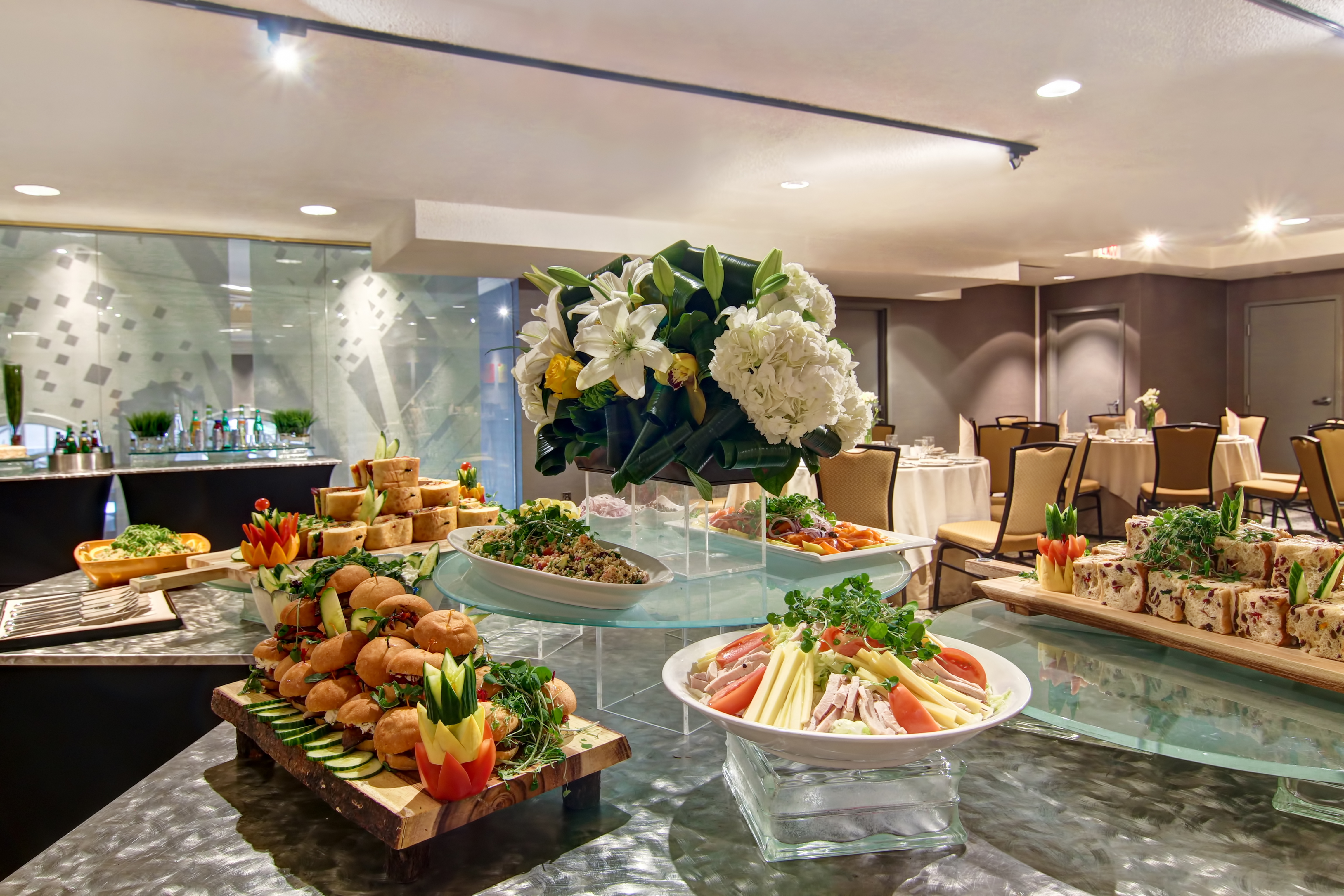 Modern set-up with event food buffet