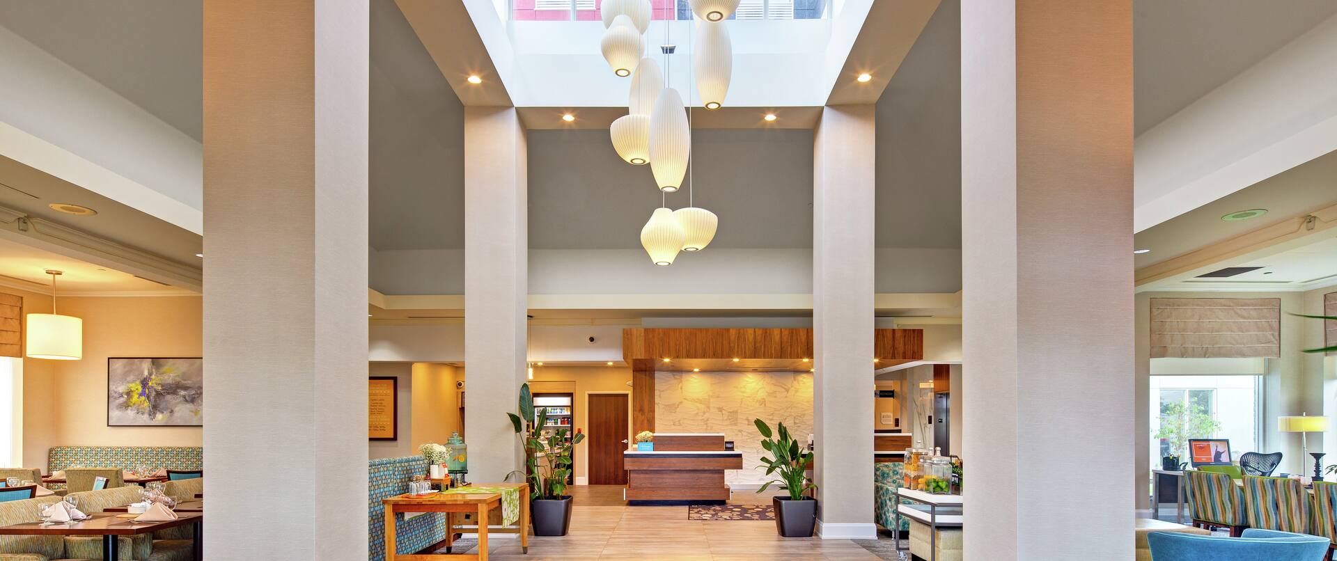 Skylight and Contemporary Chandelier in Lobby