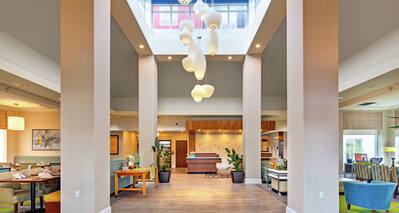 Skylight and Contemporary Chandelier in Lobby