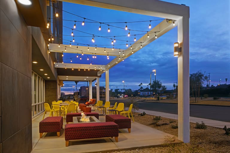 exterior patio with firepit at dusk