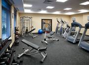 Fitness Center With TV Above Free Weights, Weight Bench, Weight Balls, Weight Machine, Blue Exercise Ball, and Cardio Equipment