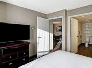One Bed Guest Bedroom with HDTV and Bathroom Entry View