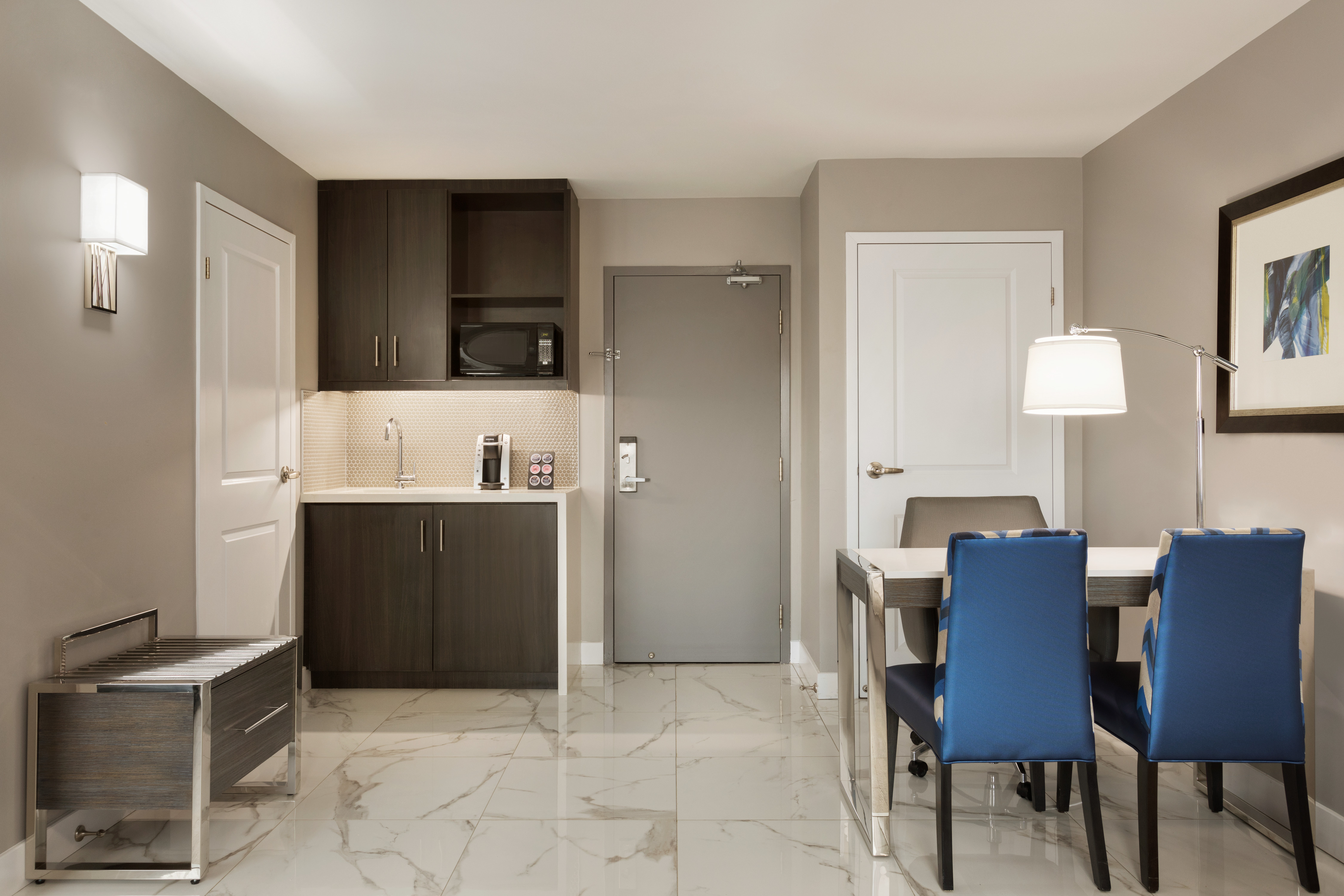 Accessible Guestroom with Entrance, Table and Chairs, and Wet Bar Kitchen Area
